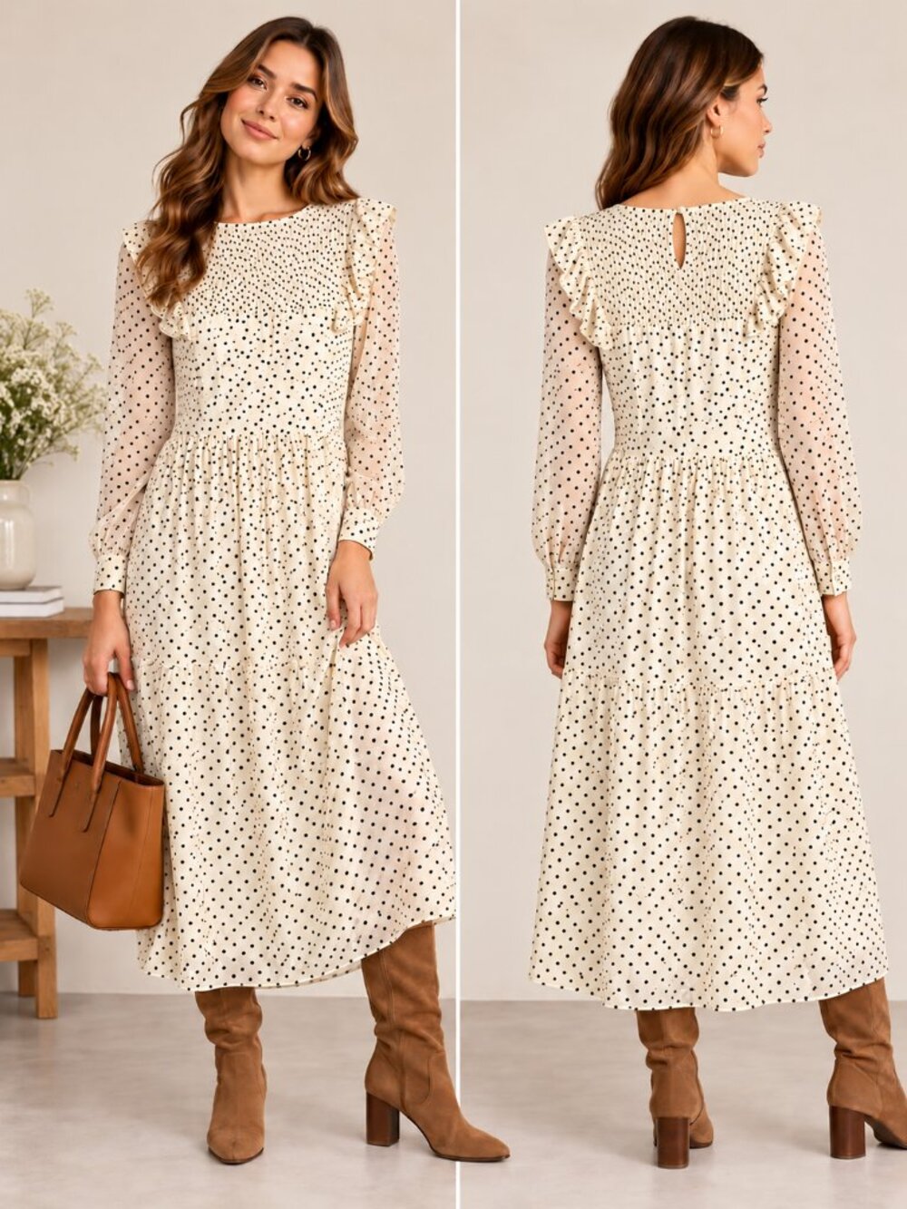 Madewell Georgette Smocked Polka Dot Ruffle Midi Dress M AL284